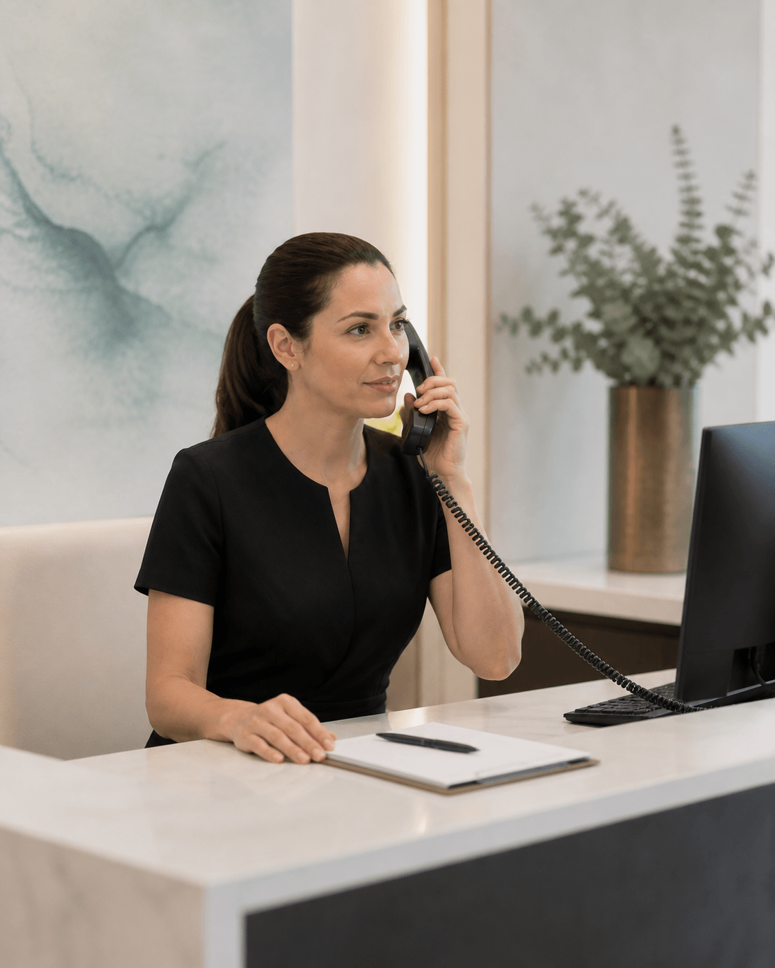 Coordinadora de una clínica dental escuchando atentamente a un paciente por teléfono